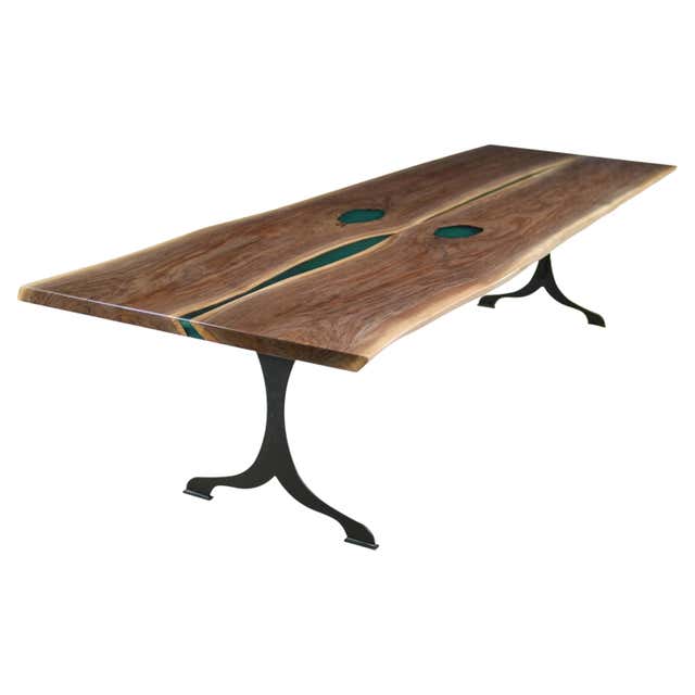 Canted Leg Signature Live Edge Table, Walnut Hardwood and Blackened Steel Canted ...