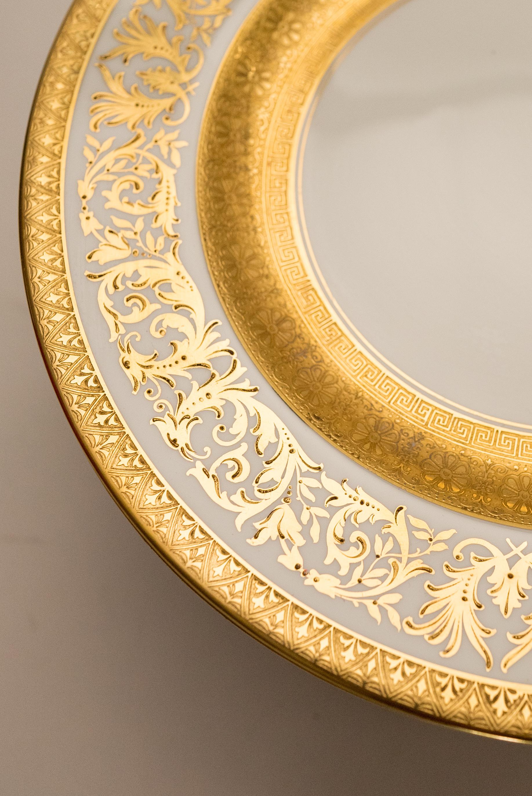 Rococo 11 Gilt Encrusted Dinner Plates, Antique Custom Order with Wide Gold Banding