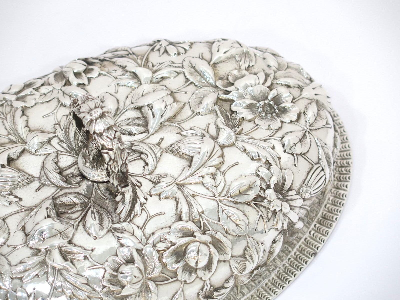 20th Century Sterling Silver S. Kirk & Son Antique Floral Repousse Covered Serving Dish