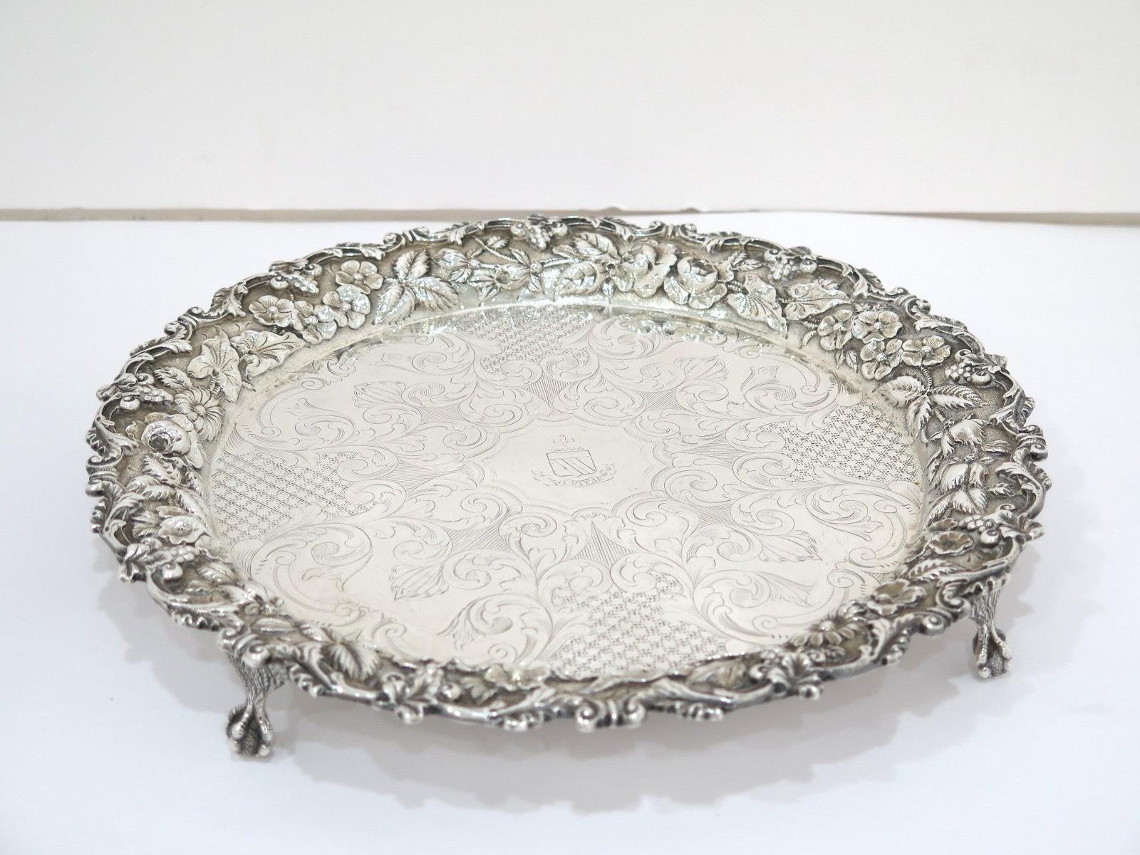 Repoussé 11 in - Sterling Silver S. Kirk & Son Antique Floral Repousse Footed Round Tray