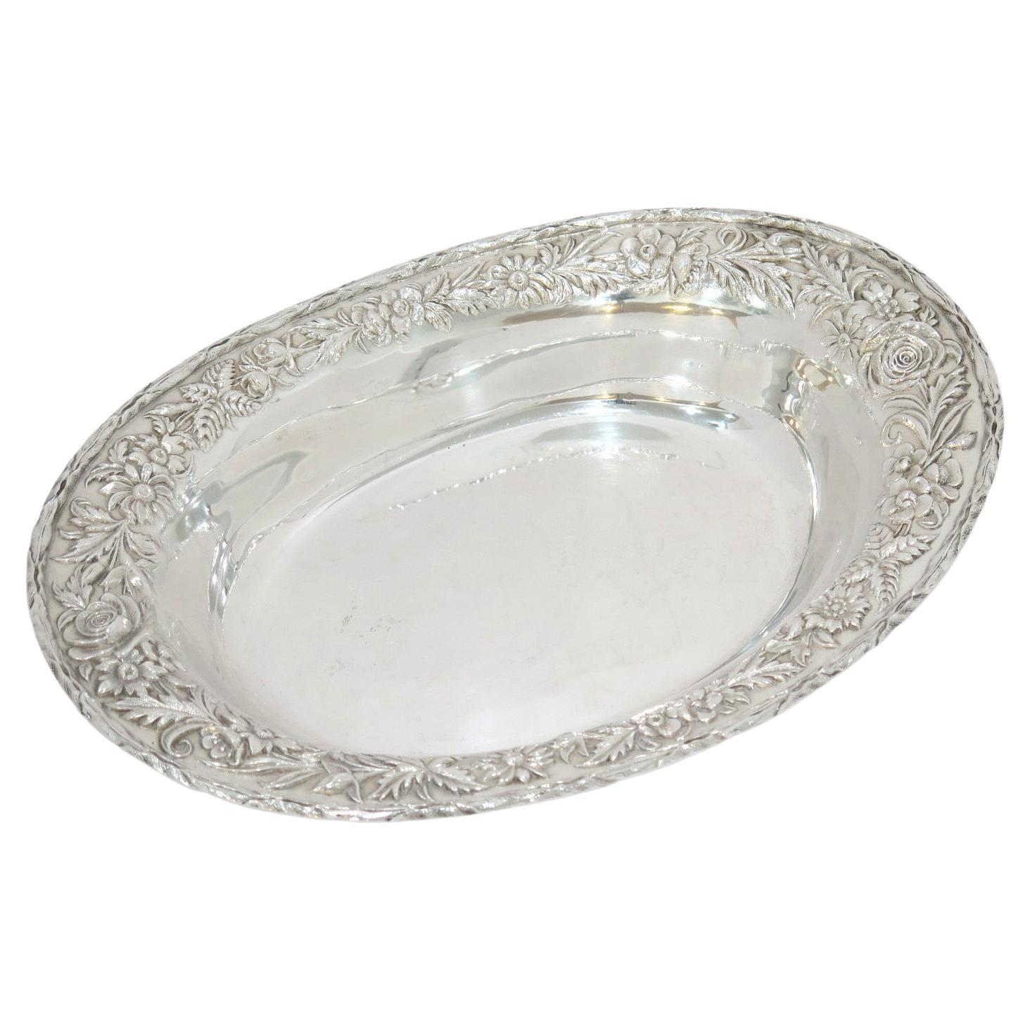 Sterling Silver S. Kirk & Son Vintage Floral Repousse Oval Serving Dish For Sale