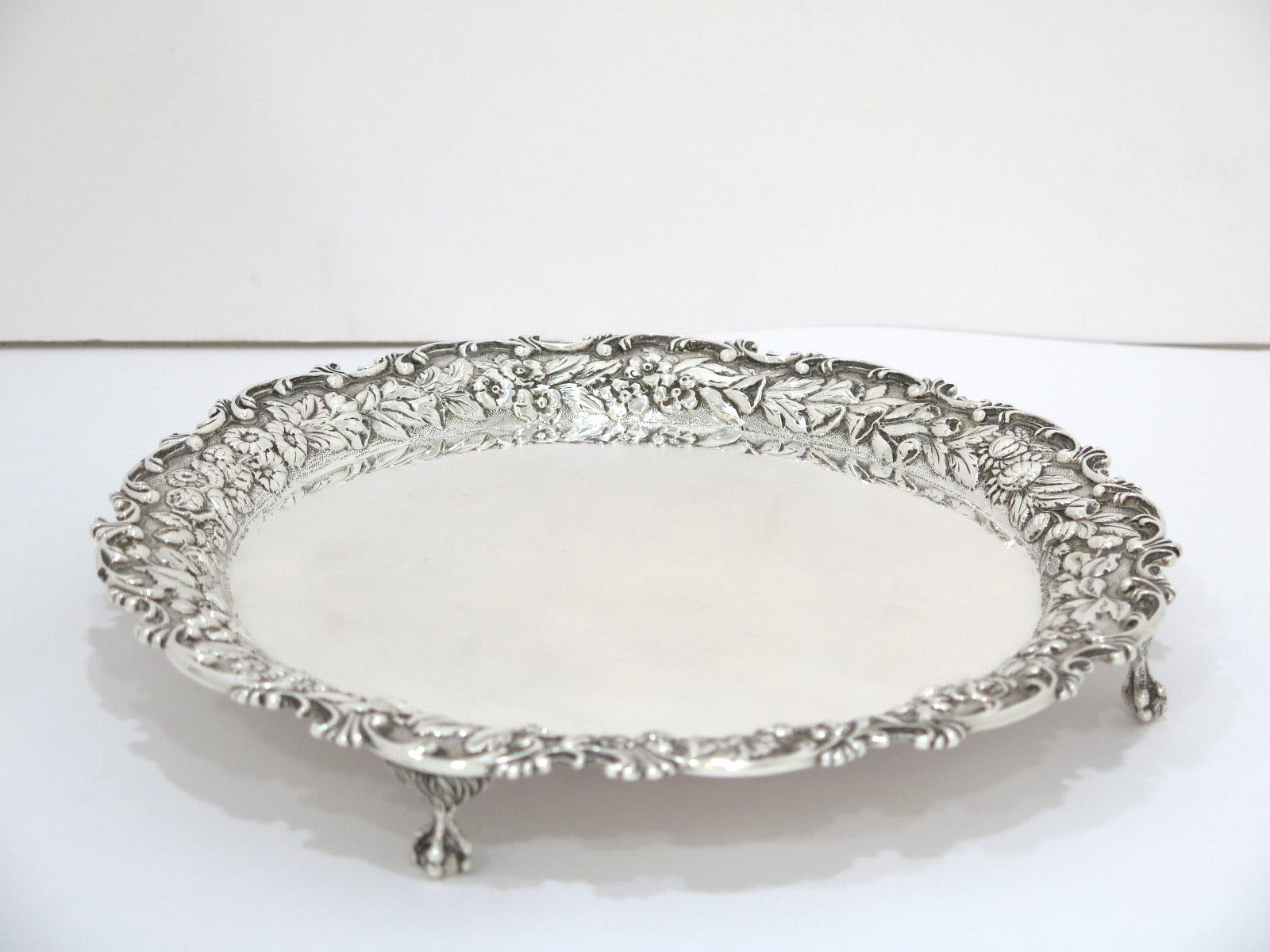 American 11 in - Sterling Silver S. Kirk & Son Antique Floral Repousse Rim Footed Platter