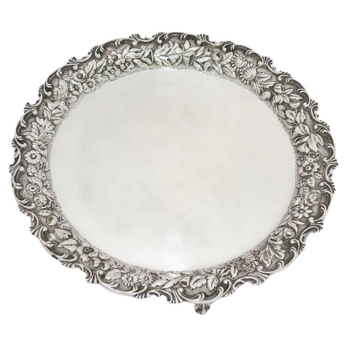 11 in - Sterling Silver S. Kirk & Son Antique Floral Repousse Rim Footed Platter For Sale