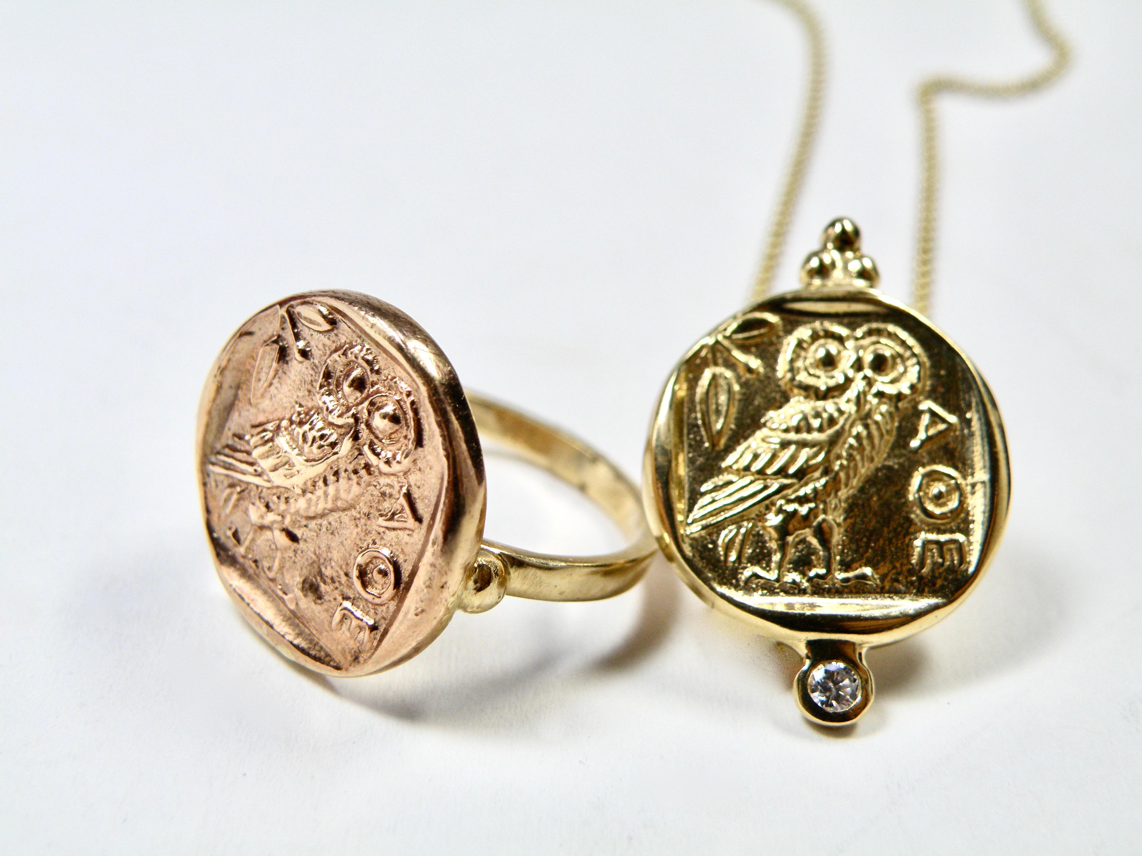 Classical Greek 11 Karat Owl of Athena Wisdom Ring For Sale