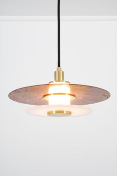 Klein Pendant w/ Milk Glass, Etched Ginkgo in Jasper Patina & Satin Brass