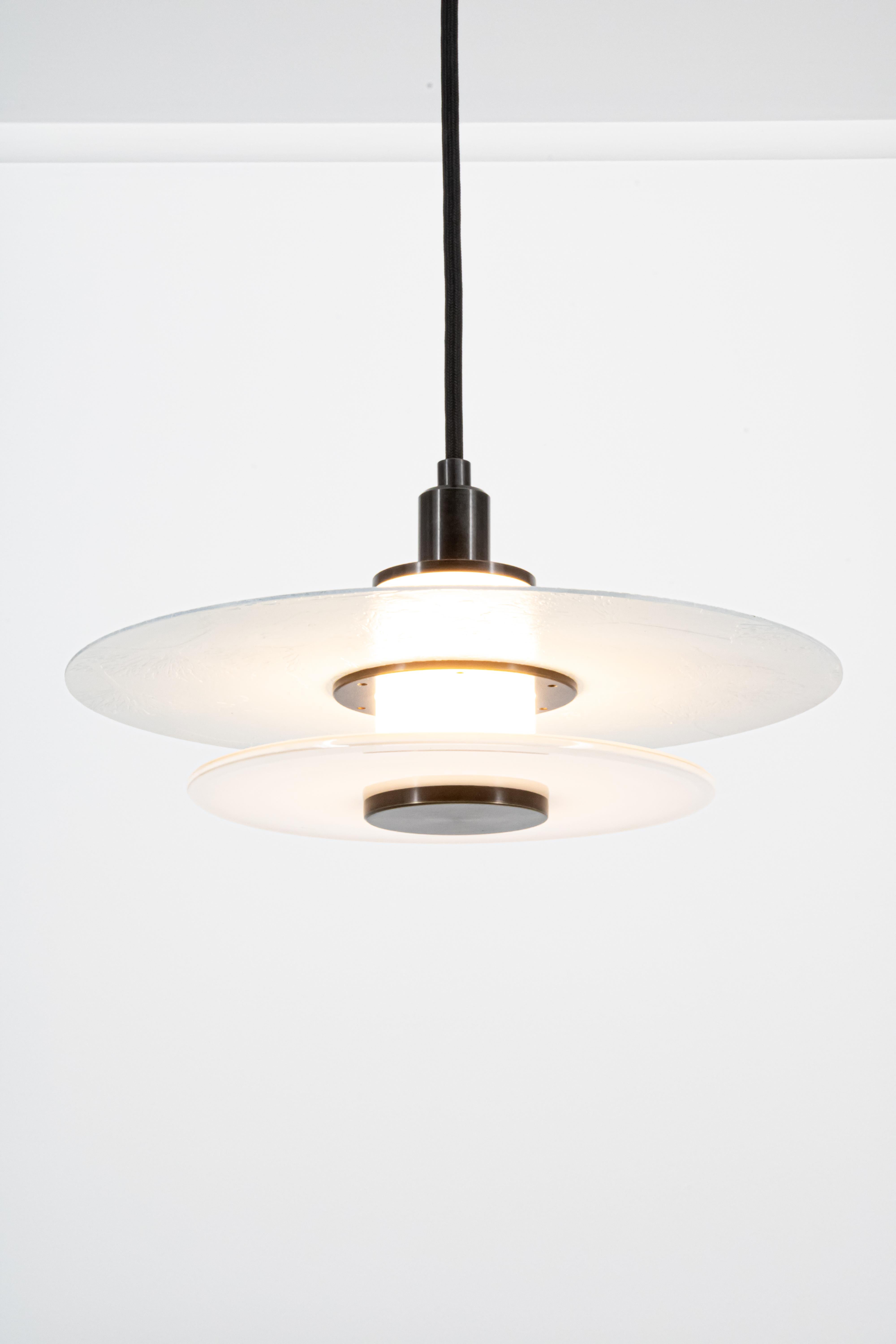 Klein Pendant w/ Milk Glass, Etched Ginkgo in Two Tone Blackened Brass For Sale 11