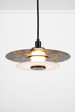 Klein Pendant w/ Milk Glass, Etched Ginkgo in Two Tone Blackened Brass