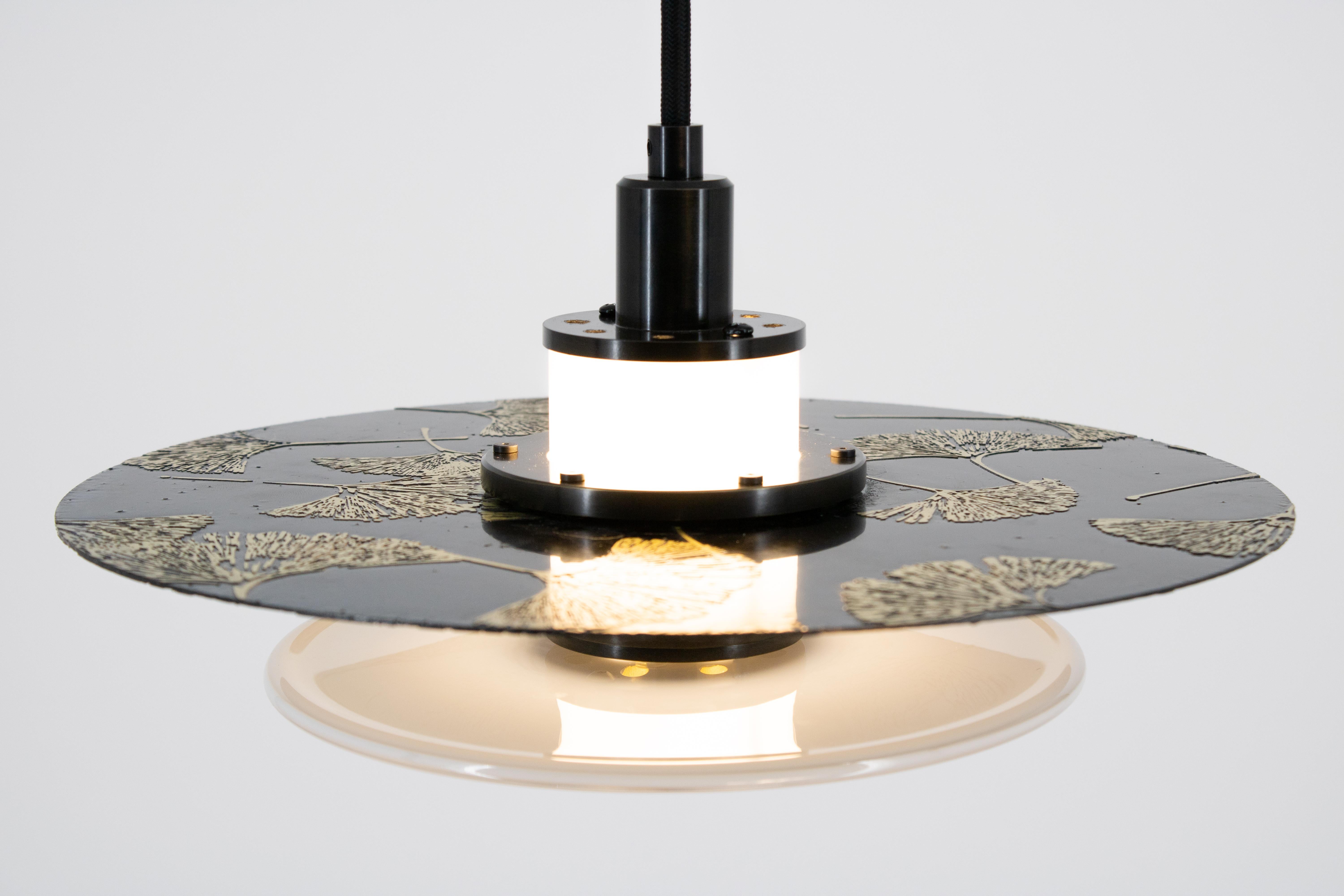 Contemporary Klein Pendant w/ Milk Glass, Etched Ginkgo in Two Tone Blackened Brass For Sale