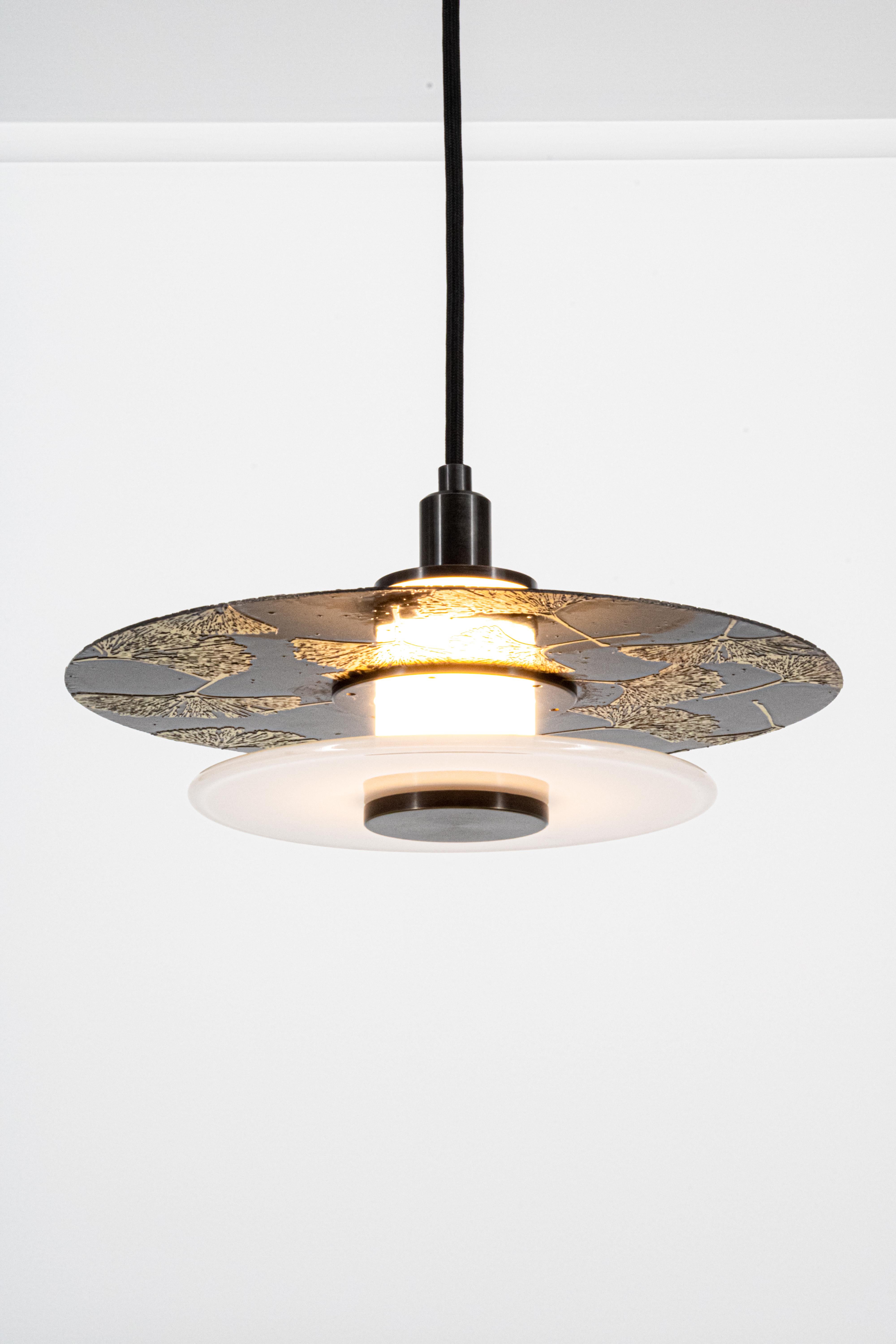 Klein Pendant w/ Milk Glass, Etched Ginkgo Relief in Blackened Brass For Sale 4