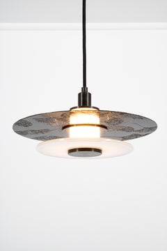 Klein Pendant w/ Milk Glass, Etched Ginkgo Relief in Blackened Brass