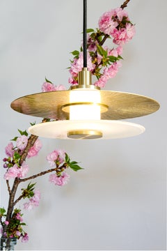 11" Klein Pendant w/ Milk Glass, Etched & Polished Shade & Satin Brass details.