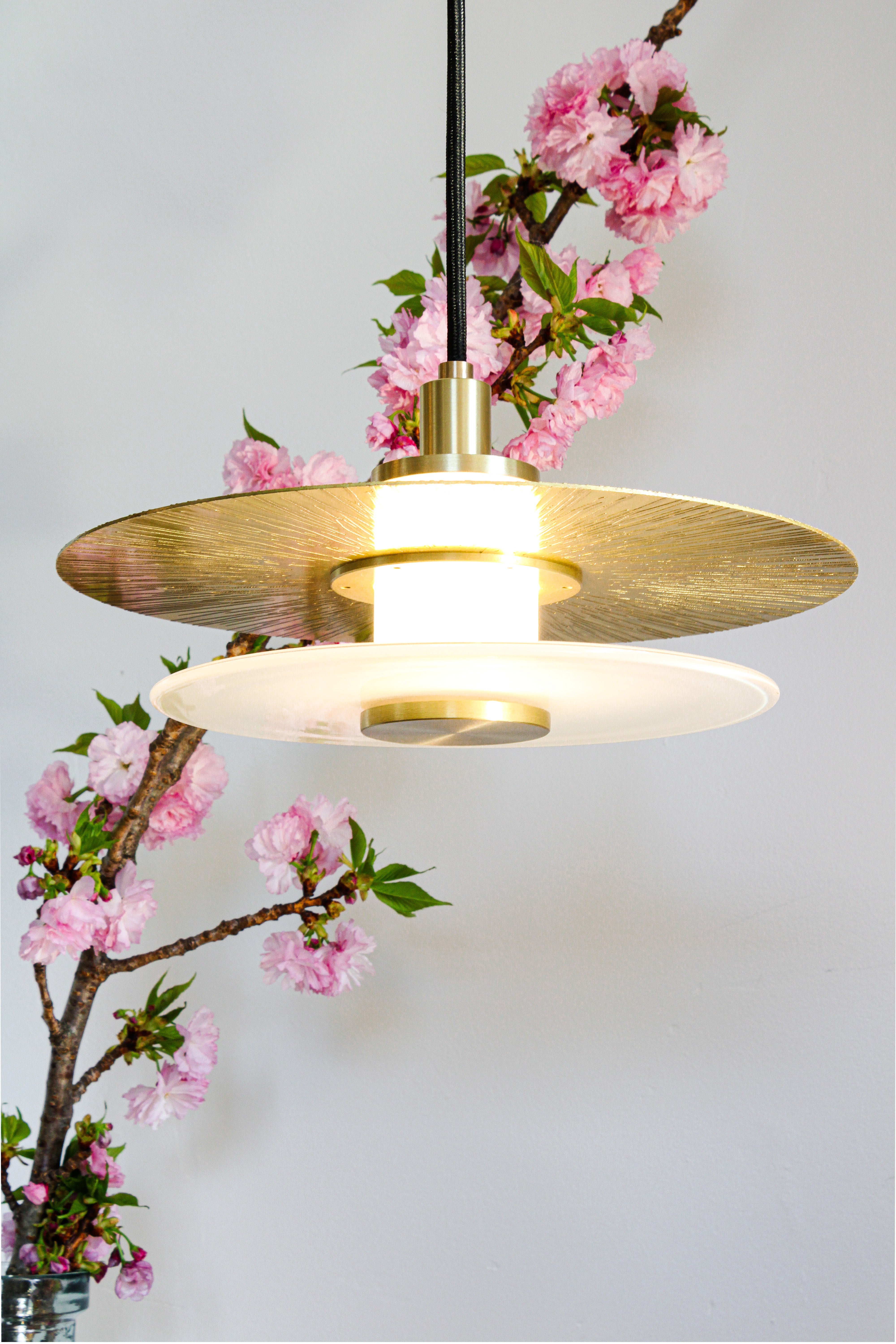 11" Klein Pendant w/ Milk Glass, Etched & Polished Shade & Satin Brass details.  For Sale