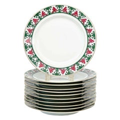 11 Kornilov Bros Imperial Russian Porcelain Dinner Plates Red & Green, c. 1910
