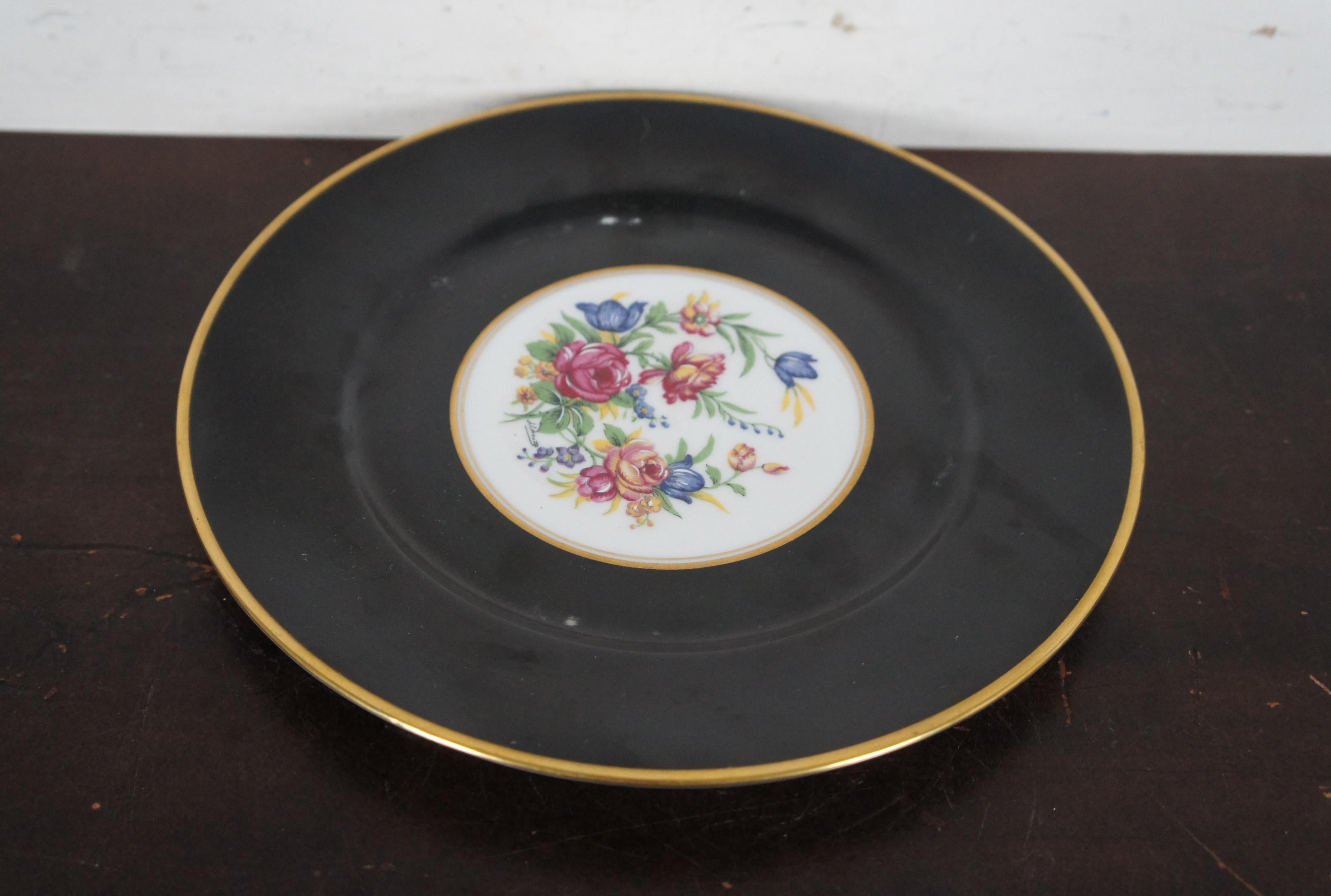 20th Century 11 L. Bernardaud & Co Limoges France Porcelain Dinner Plates Black Floral