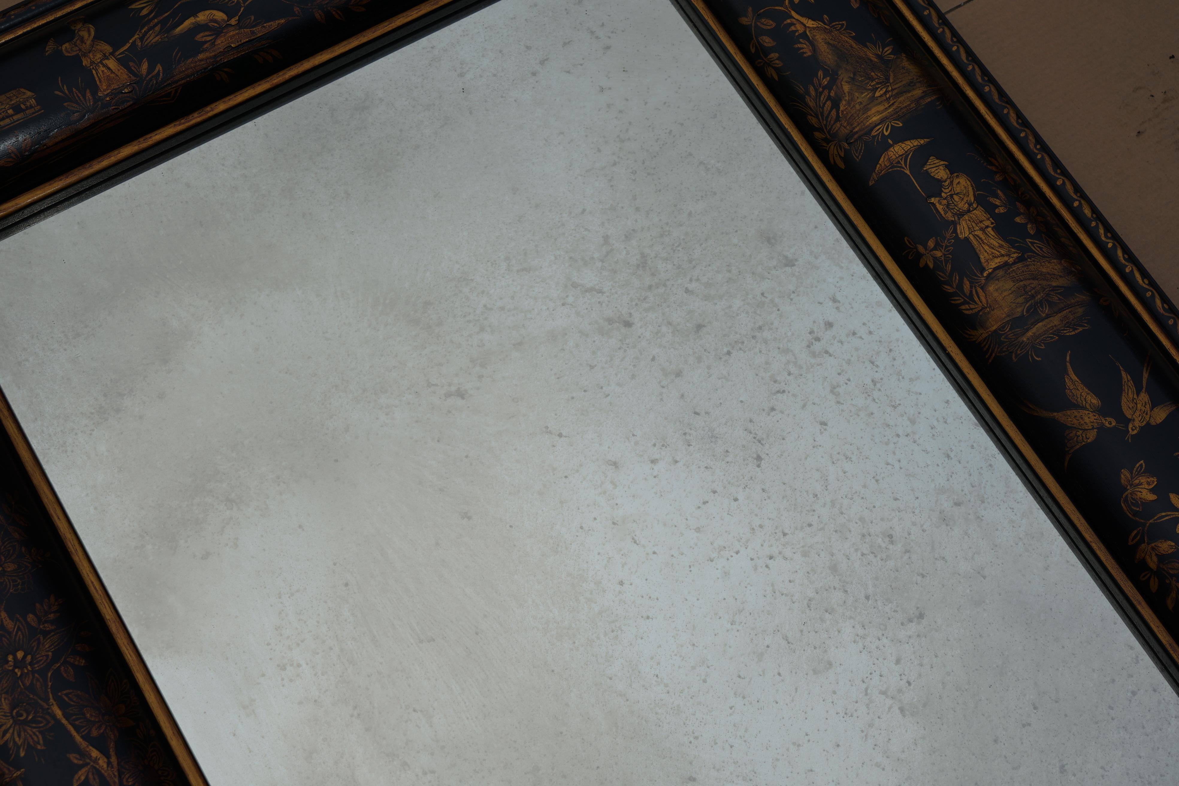 Laqué 1.1 METRE MIROIR CHINOISERIE EN COUSSIN AVEC PEINTURES ORNALES A LA MAIN en vente