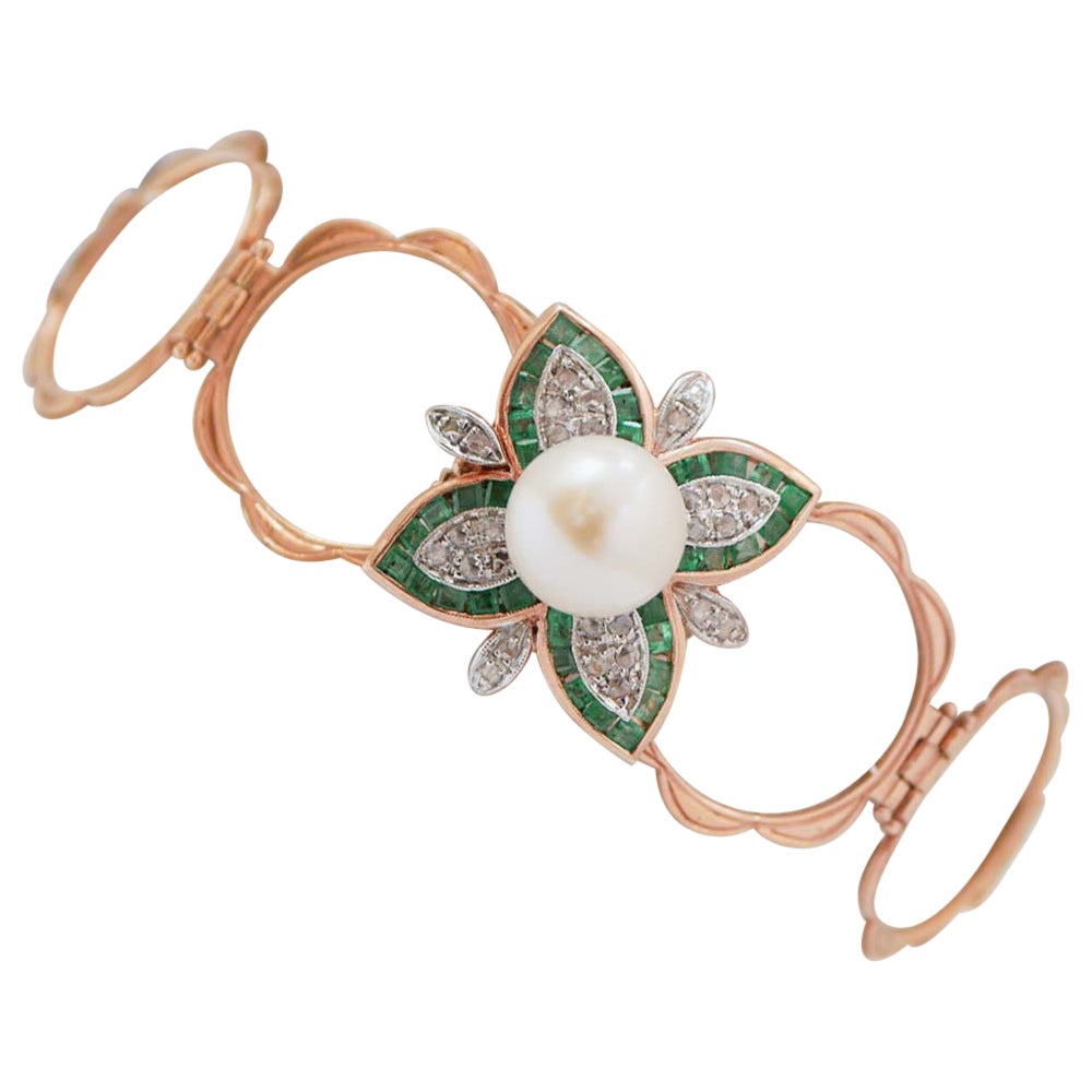 Anello/Bracciale di 11 mm con perle, smeraldi, diamanti, oro rosa e argento.