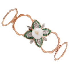Anello/Bracciale di 11 mm con perle, smeraldi, diamanti, oro rosa e argento.
