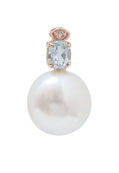 Perle da 11 mm, Topazio Acquamarina, Diamanti, Orecchini in oro rosa 14 Kt.