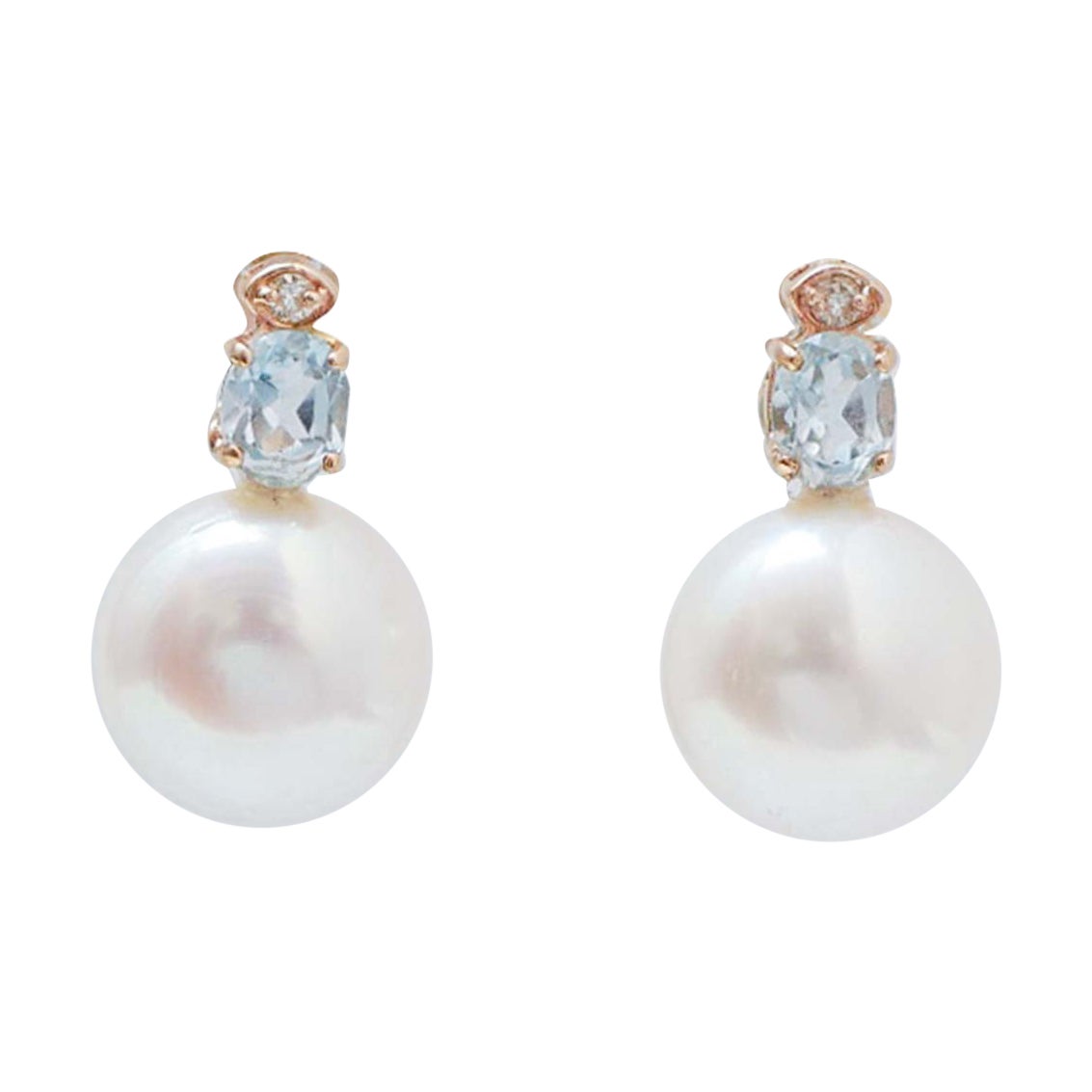 11 Mm Pearls, Aquamarine Colour Topaz, Diamonds, 14 Kt Rose Gold Earrings.