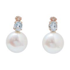 Perle da 11 mm, Topazio Acquamarina, Diamanti, Orecchini in oro rosa 14 Kt.