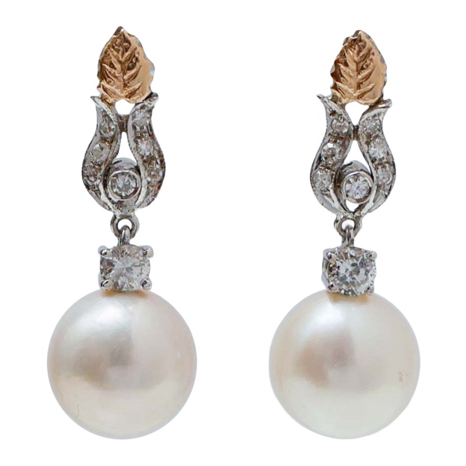 11 Mm Pearls, Diamonds, 14 Karat White Gold and Rose Gold Earrings. For Sale