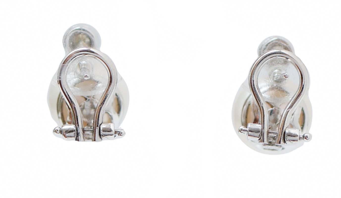 Retro 11 Mm Pearls, Diamonds, 14 Karat White Gold Earrings.