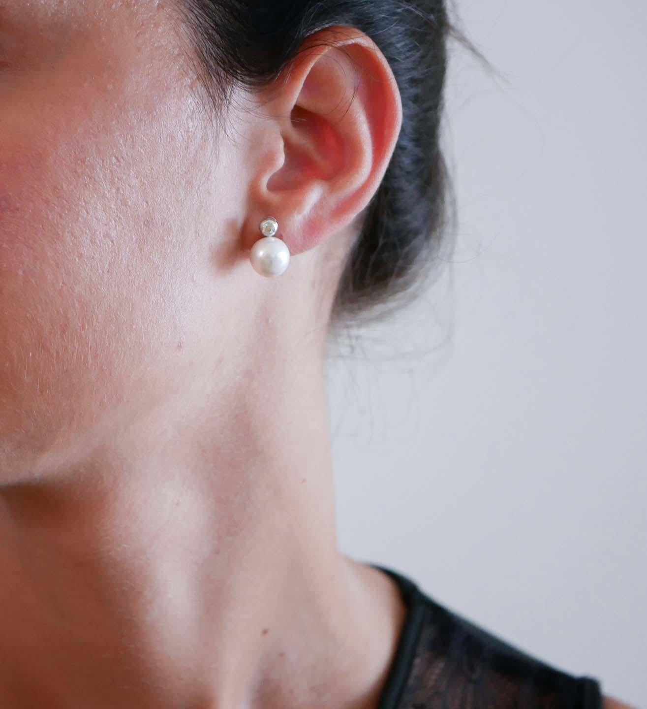 Mixed Cut 11 Mm Pearls, Diamonds, 14 Karat White Gold Earrings.