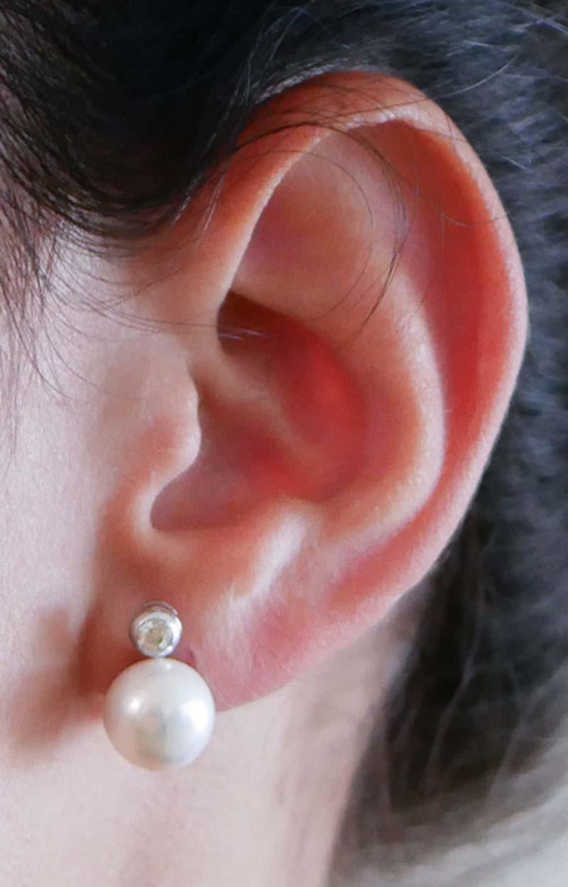 11 Mm Pearls, Diamonds, 14 Karat White Gold Earrings. In Good Condition In Marcianise, Marcianise (CE)