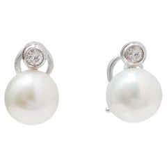 11 Mm Pearls, Diamonds, 14 Karat White Gold Earrings.