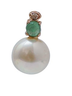 11 Mm Pearls, Emeralds, Diamonds, 14 Karat Rose Gold Earrings.