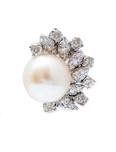 11 Mm White Pearls, Diamonds, 18 Karat White Gold Earrings.
