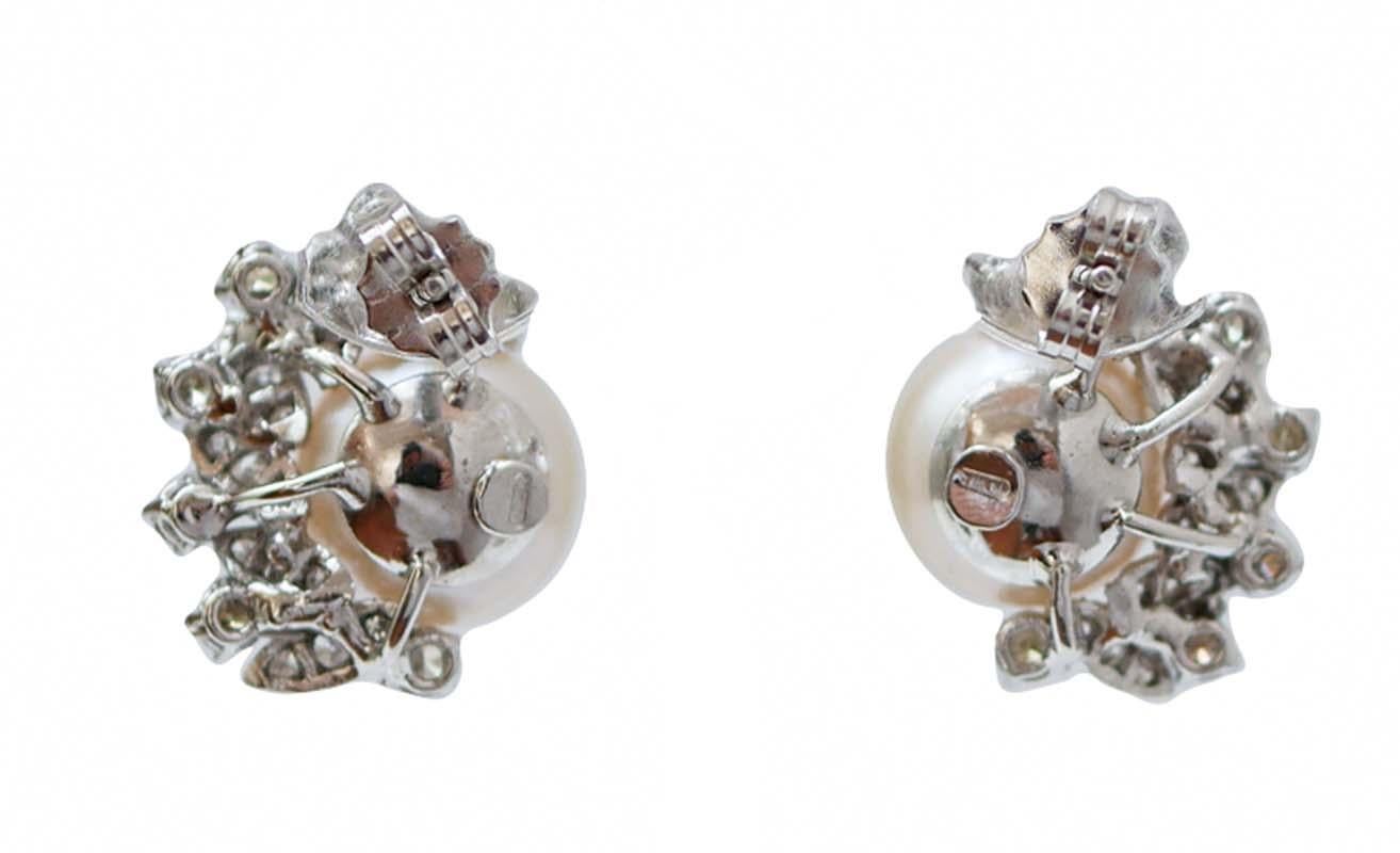 Retro 11 Mm White Pearls, Diamonds, 18 Karat White Gold Earrings.