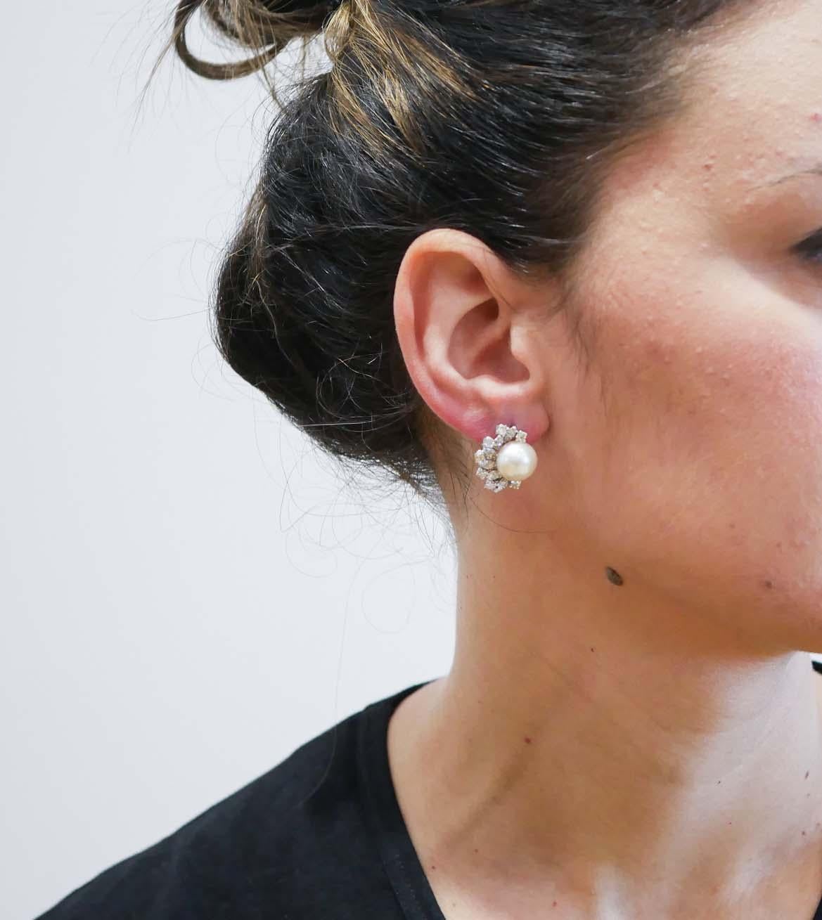 Mixed Cut 11 Mm White Pearls, Diamonds, 18 Karat White Gold Earrings.