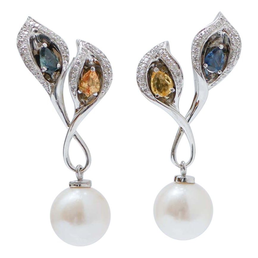 Boucles d'oreilles en or blanc 18 carats, diamants, saphirs et perles blanches de 11 m