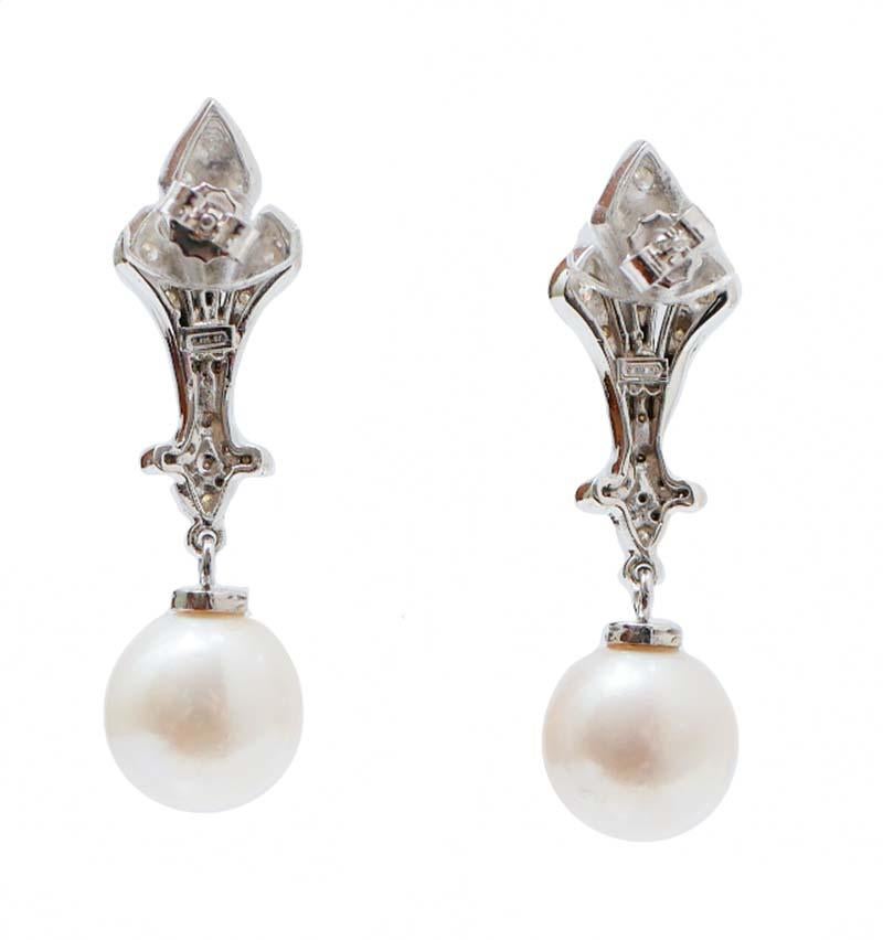 Retro 11 Mm White Pearls, Diamonds, White Gold Earrings.