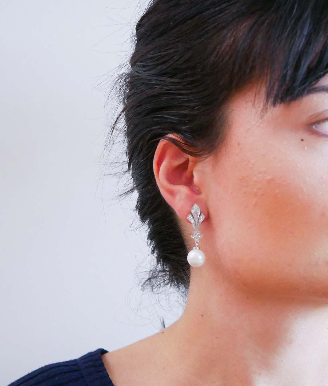 Mixed Cut 11 Mm White Pearls, Diamonds, White Gold Earrings.