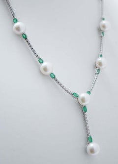 11 Mm White Pearls, Emeralds, Diamonds, 14 Karat White Gold Tennis Necklace.