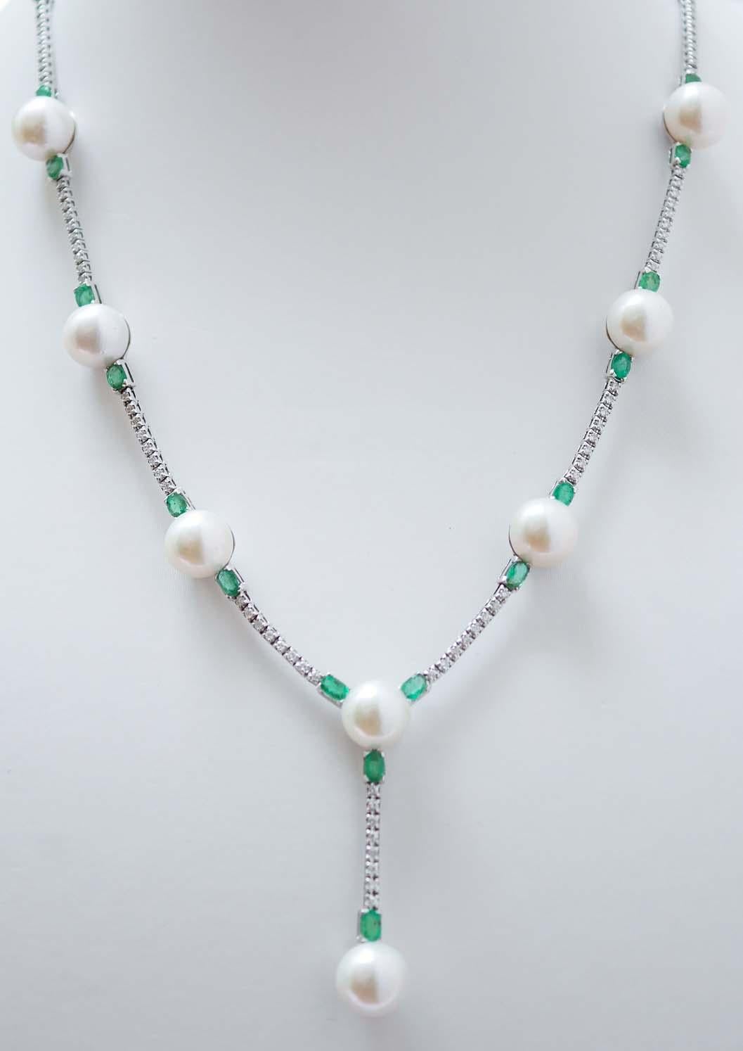 Retro 11 Mm White Pearls, Emeralds, Diamonds, 14 Karat White Gold Tennis Necklace.
