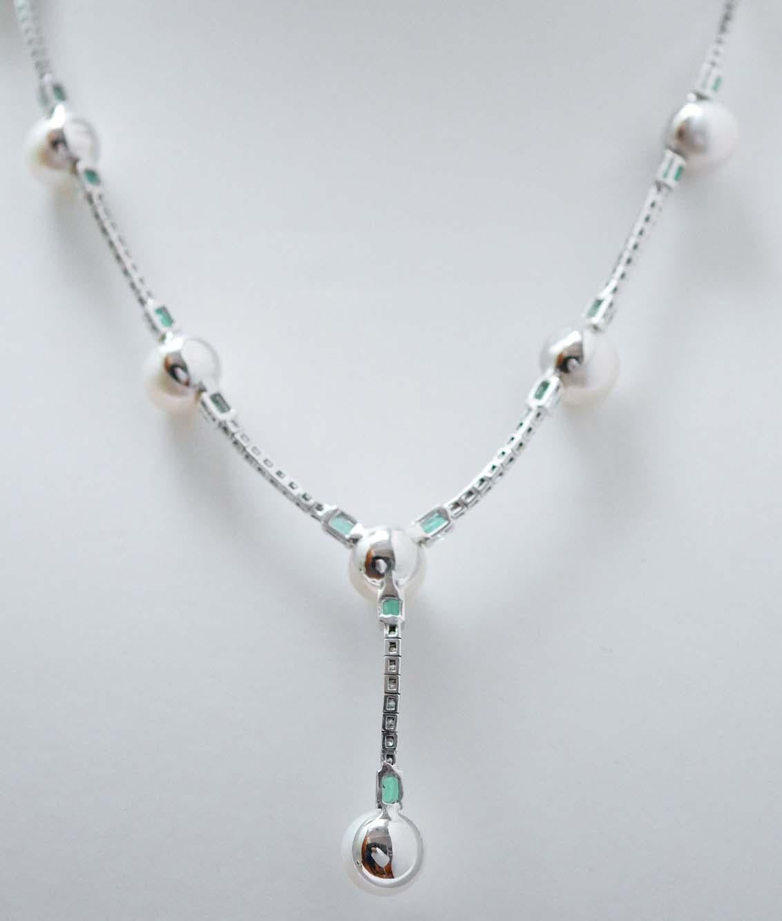 Mixed Cut 11 Mm White Pearls, Emeralds, Diamonds, 14 Karat White Gold Tennis Necklace.