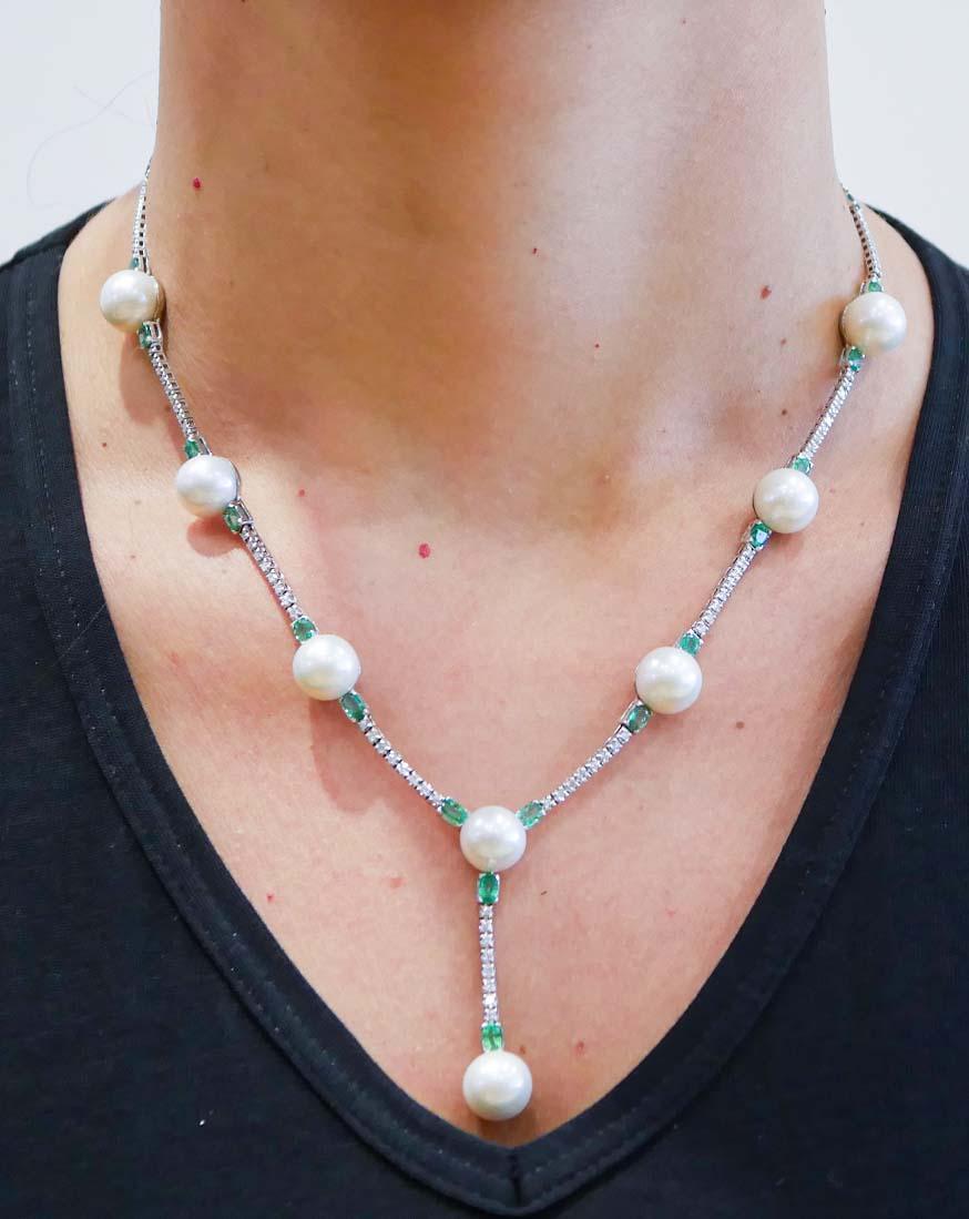 Women's 11 Mm White Pearls, Emeralds, Diamonds, 14 Karat White Gold Tennis Necklace.