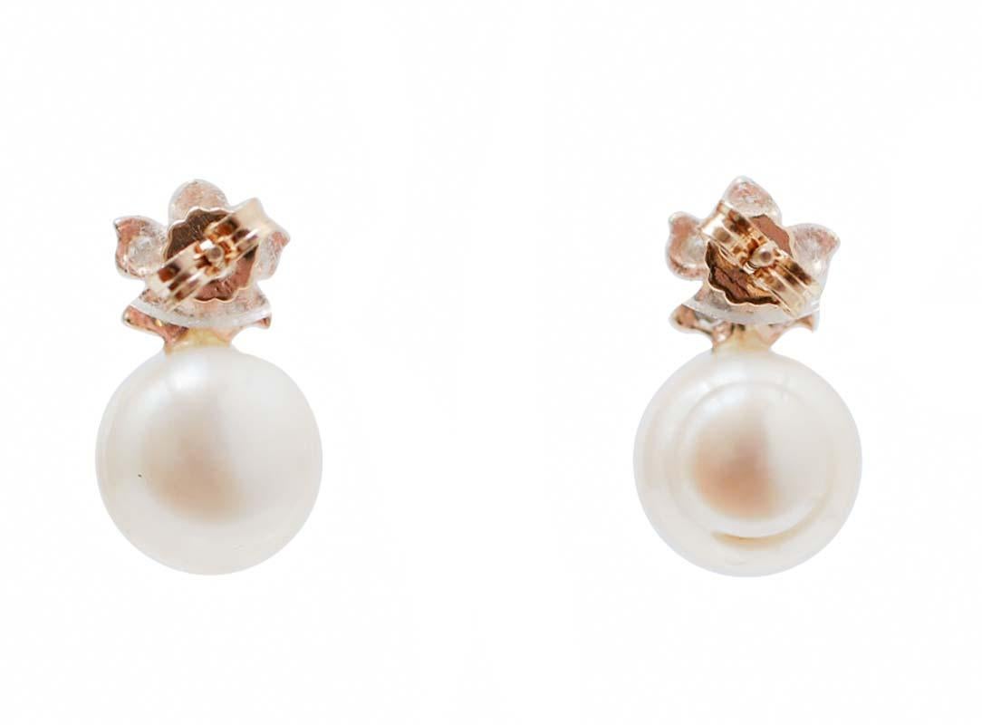 Retro 11 Mm White Pearls, Emeralds, Diamonds, Rose Gold Flower Earrings.