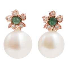 11 Mm White Pearls, Emeralds, Diamonds, Rose Gold Flower Earrings.