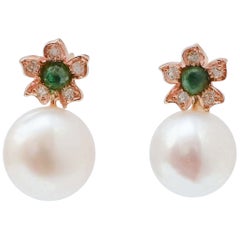 11 Mm White Pearls, Emeralds, Diamonds, Rose Gold Flower Earrings.