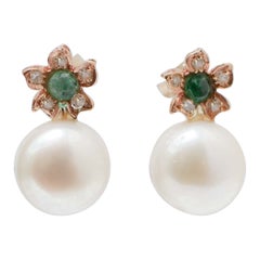 11 Mm White Pearls, Emeralds, Diamonds, Rose Gold Flower Earrings.