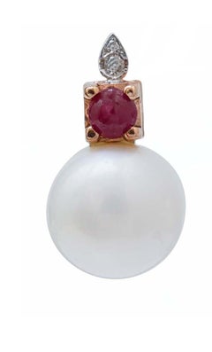 11 Mm White Pearls, Rubies, Diamonds, 14 Karat Rose Gold Earrings.