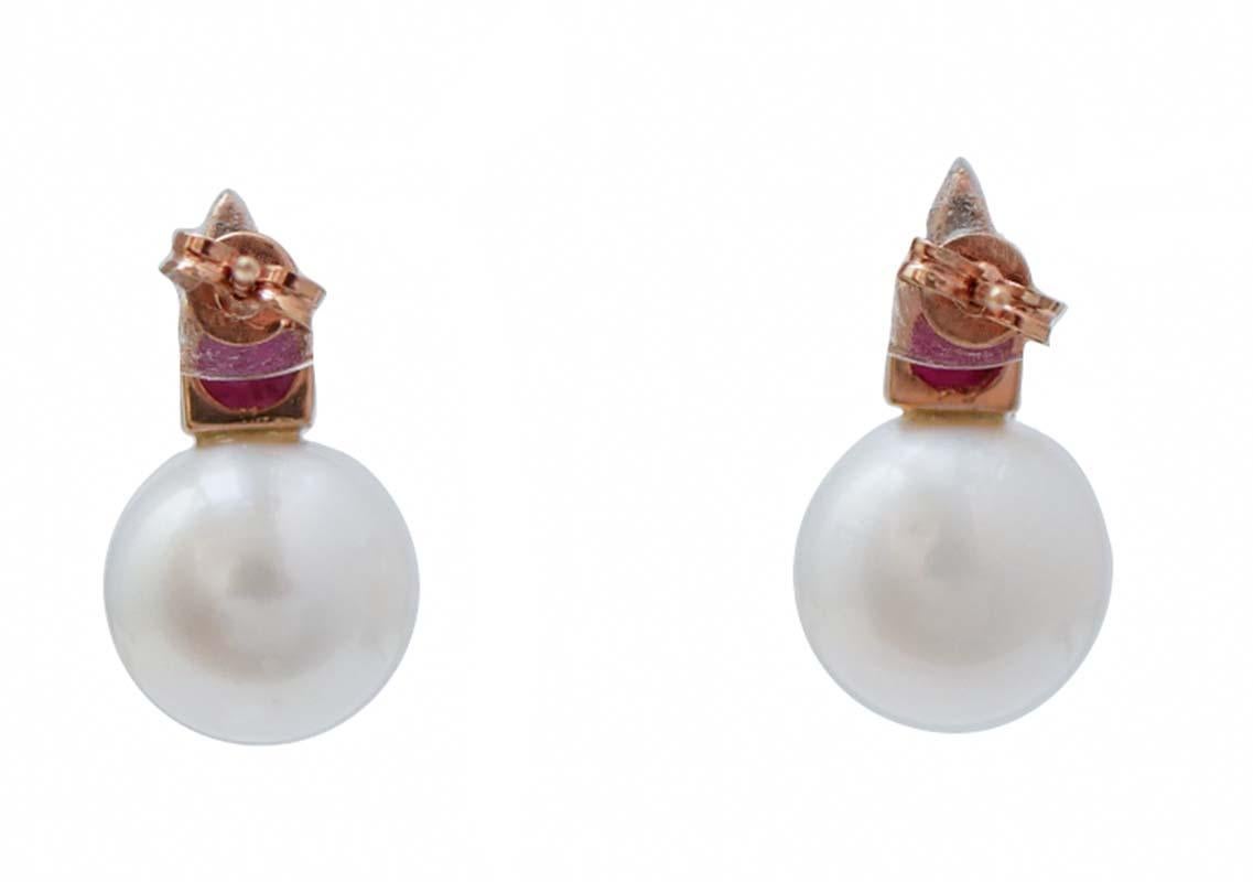 Retro 11 Mm White Pearls, Rubies, Diamonds, 14 Karat Rose Gold Earrings. For Sale