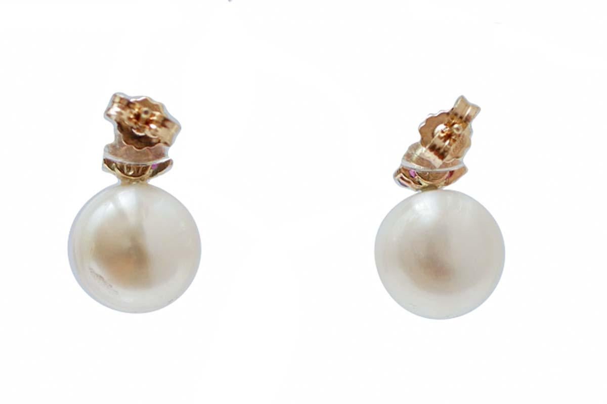 Retro 11 Mm White Pearls, Rubies, Diamonds, 14 Karat Rose Gold Earrings.