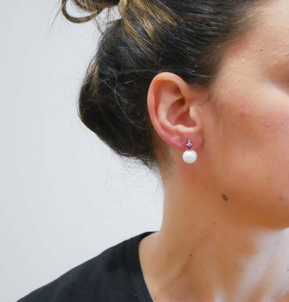 Mixed Cut 11 Mm White Pearls, Rubies, Diamonds, 14 Karat Rose Gold Earrings. For Sale