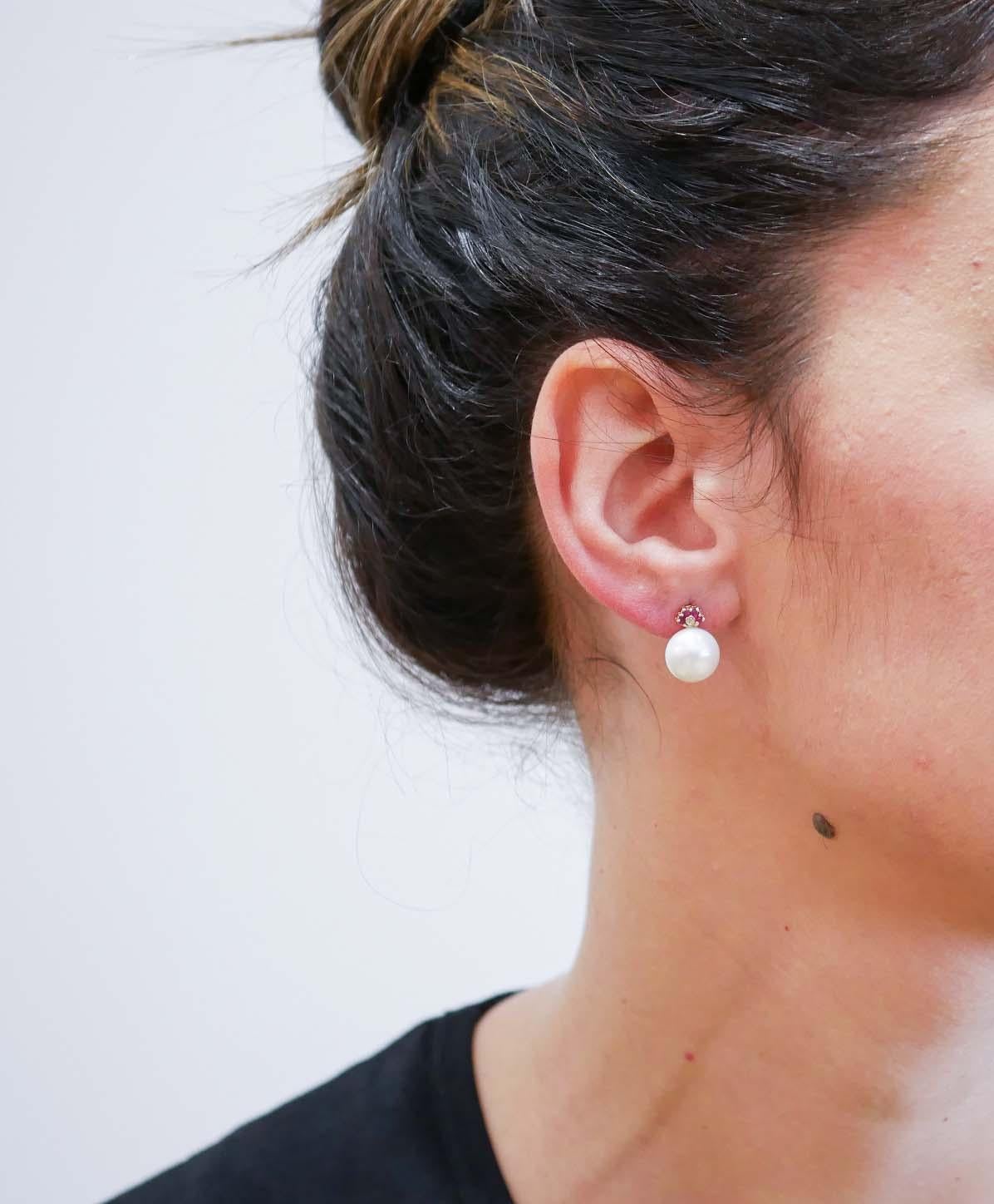 Mixed Cut 11 Mm White Pearls, Rubies, Diamonds, 14 Karat Rose Gold Earrings.