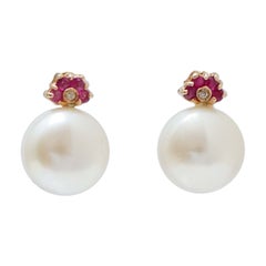 11 Mm White Pearls, Rubies, Diamonds, 14 Karat Rose Gold Earrings.